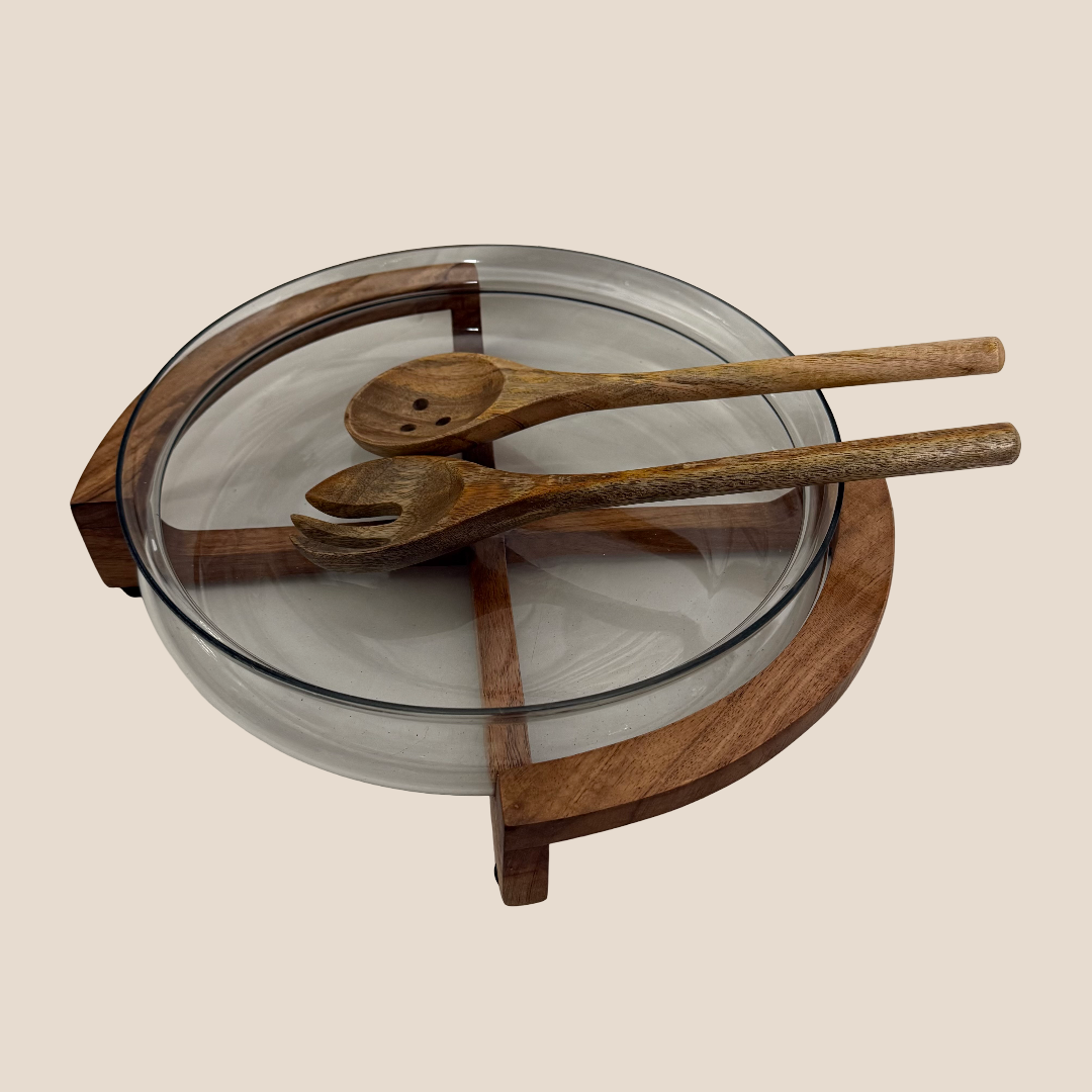 FUSION GLASS BOWL WITH WOODEN STAND