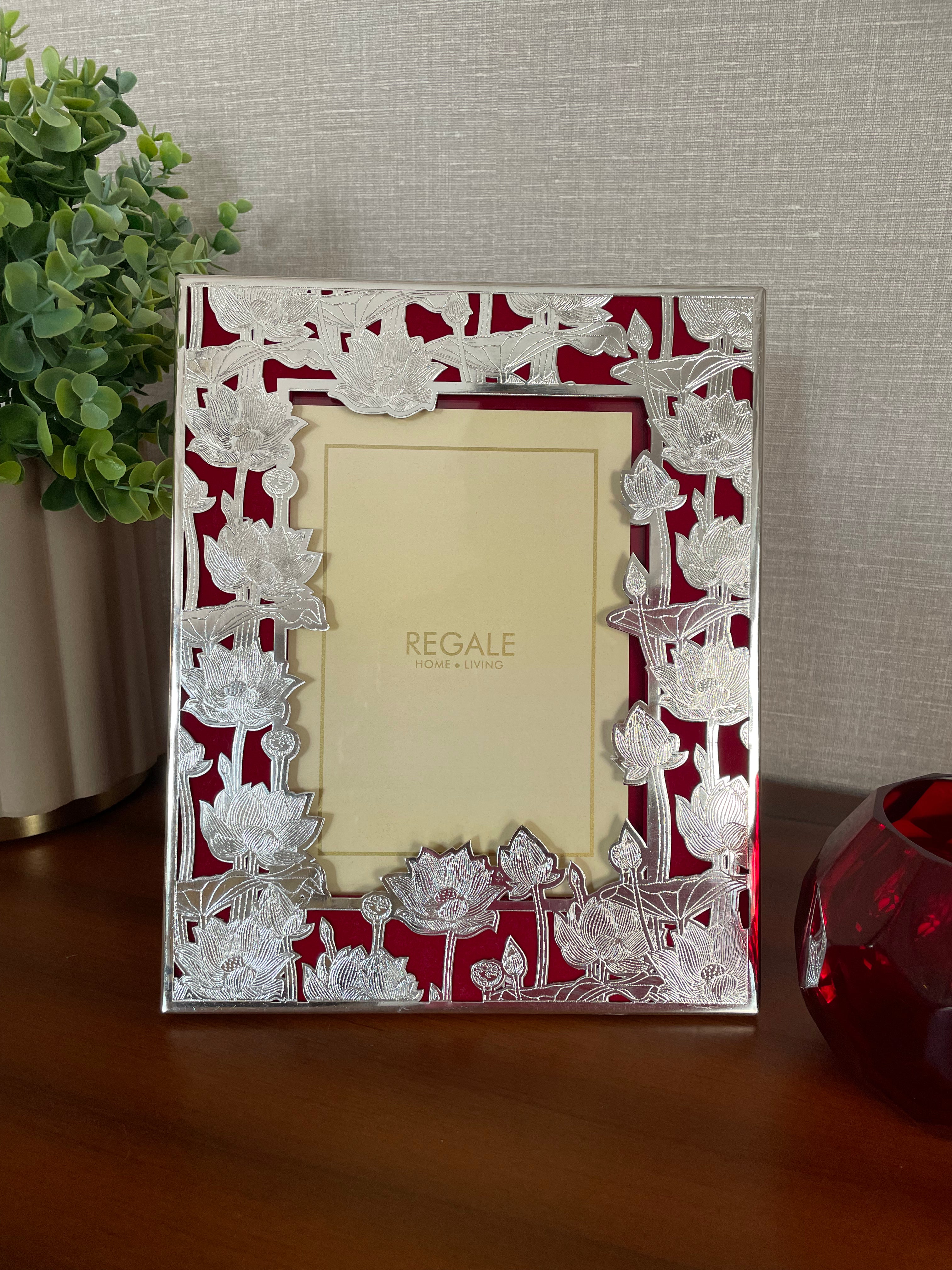 Silver-Plated Lotus Bloom Photo Frame – Maroon