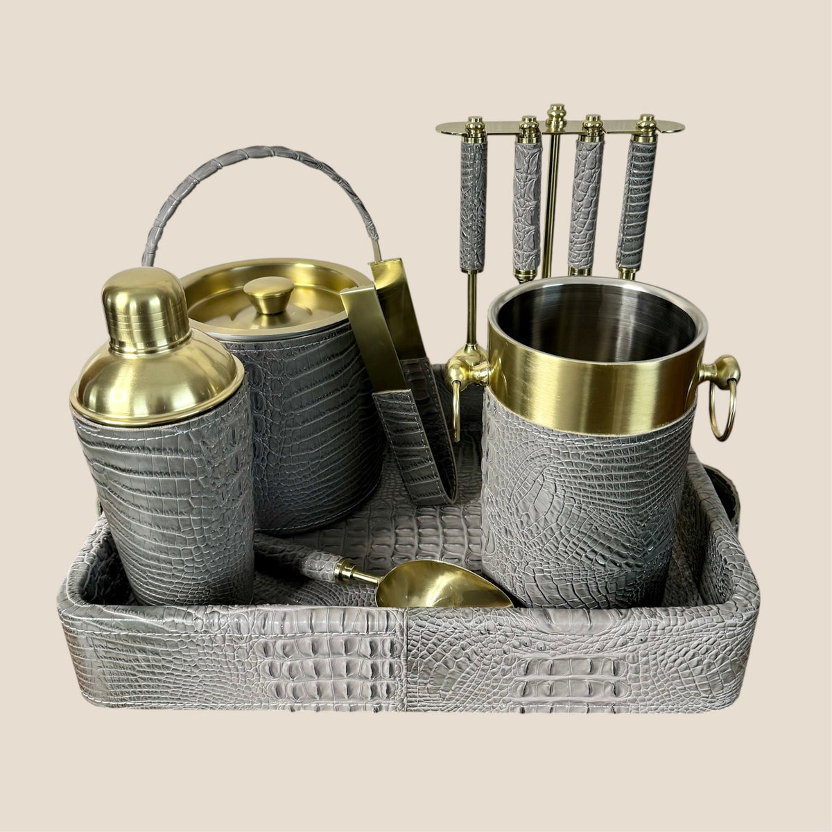 Croco Leather Complete Bar Set of 6 pcs  - Grey