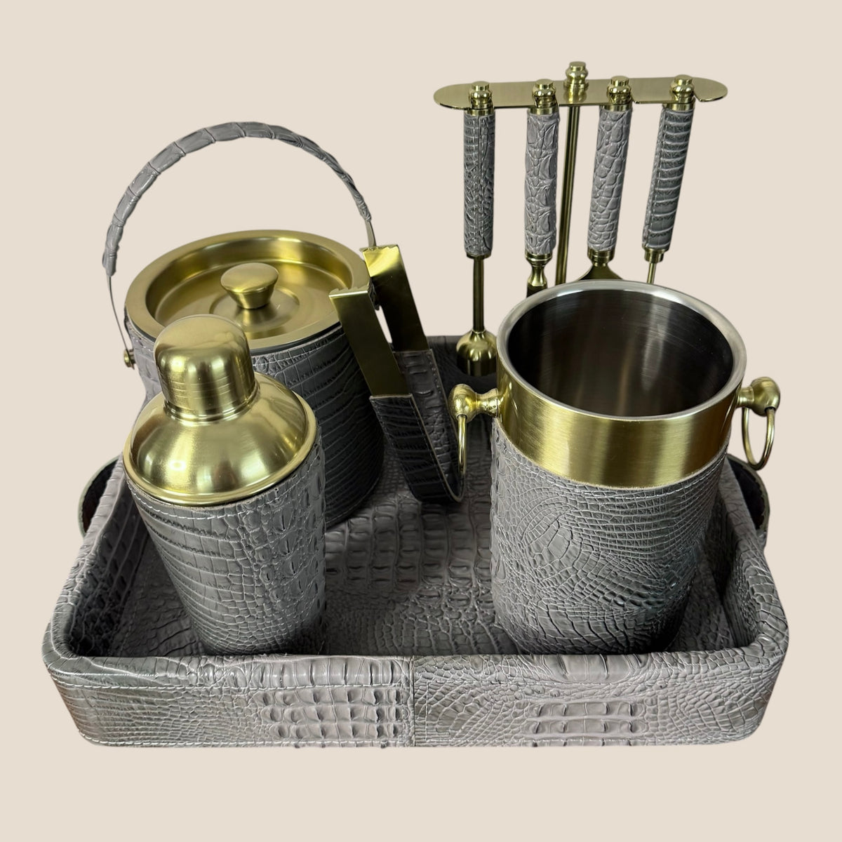 Croco Leather Complete Bar Set of 6 pcs  - Grey