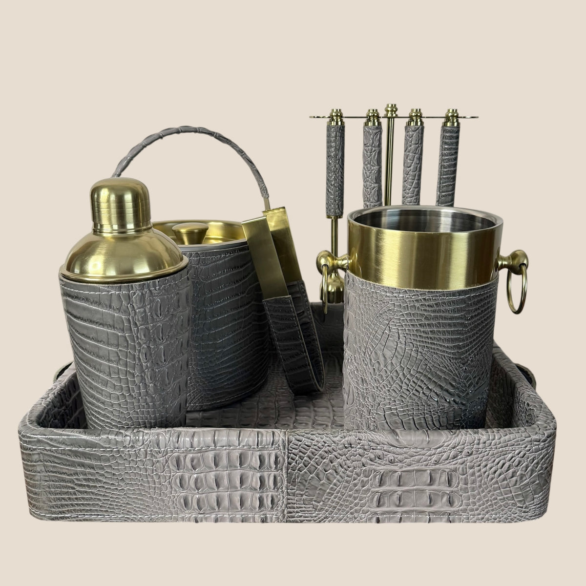 Croco Leather Complete Bar Set of 6 pcs  - Grey