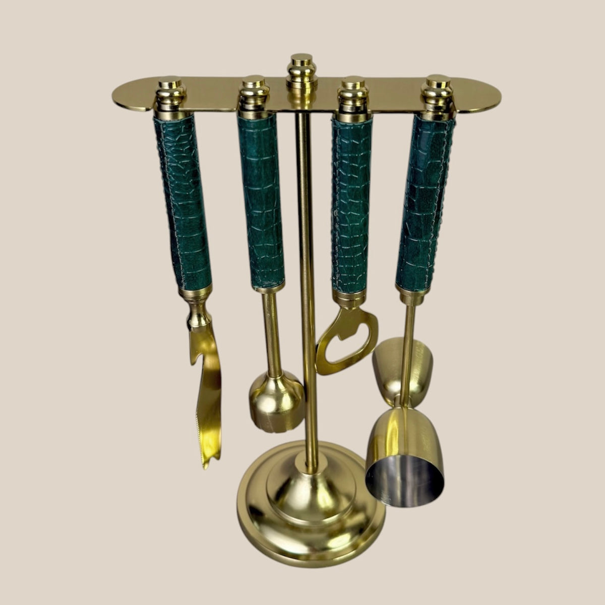 Croco Leather Bar Tools on Stand - Deep Green