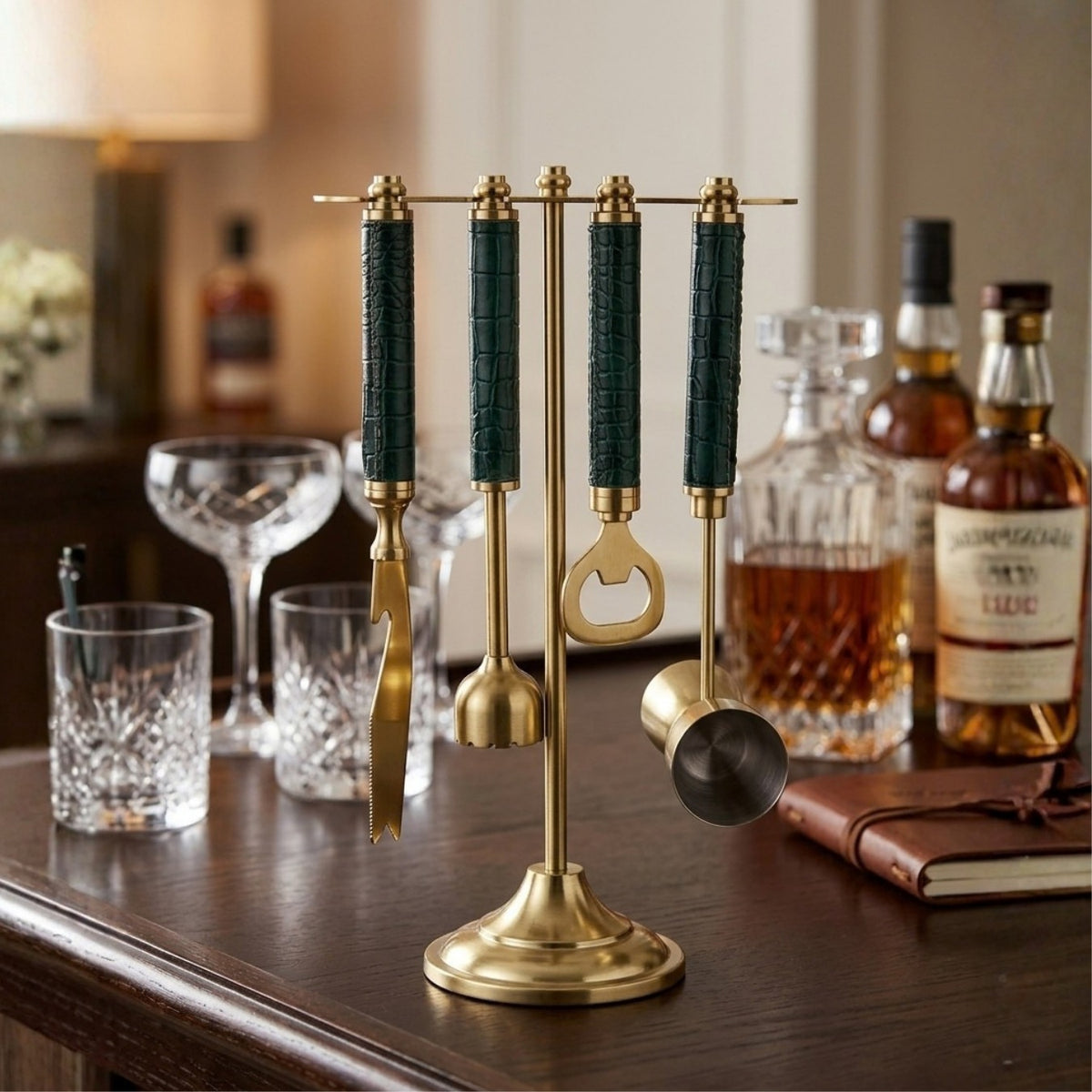 Croco Leather Bar Tools on Stand - Deep Green