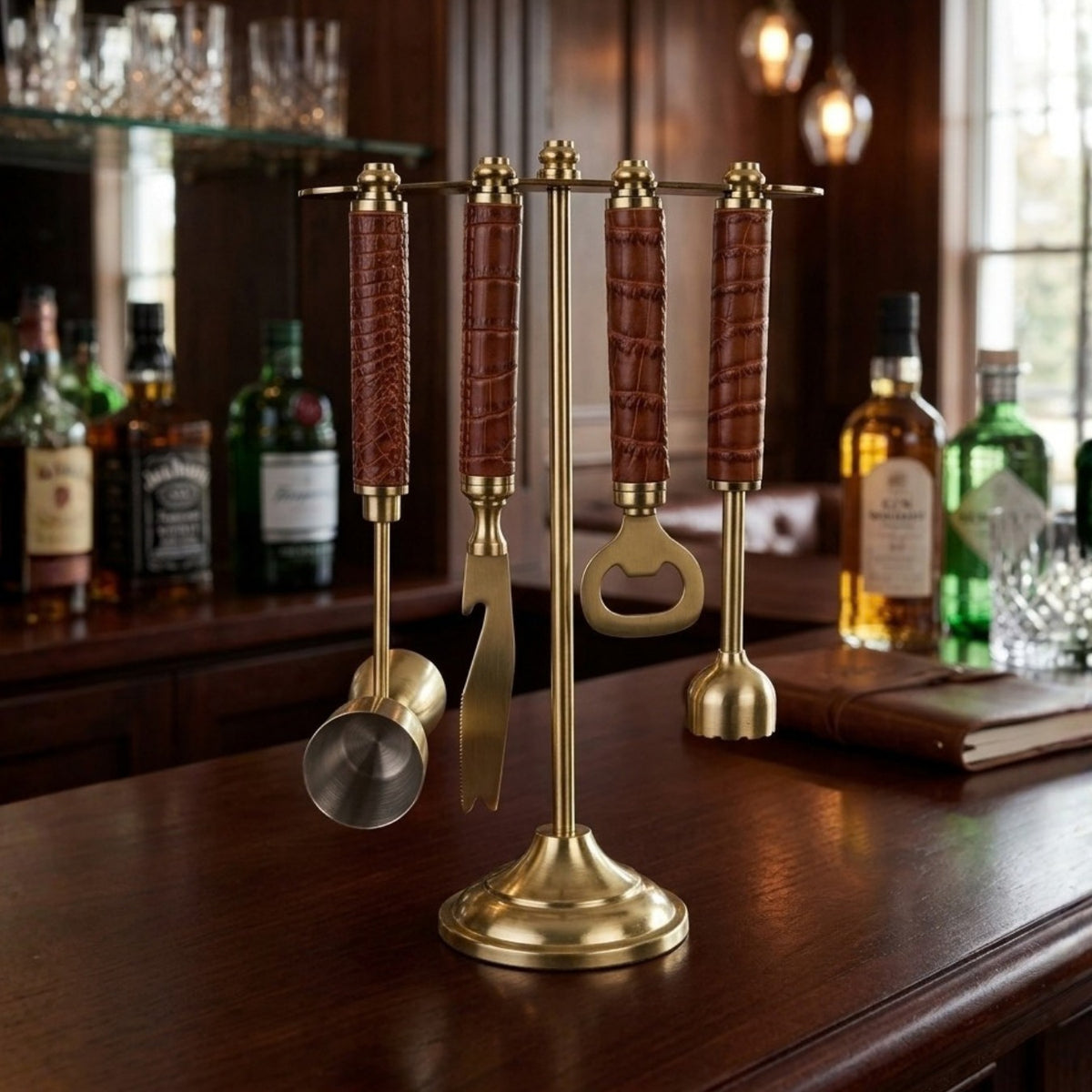 Croco Leather Bar Tools on Stand - Tan