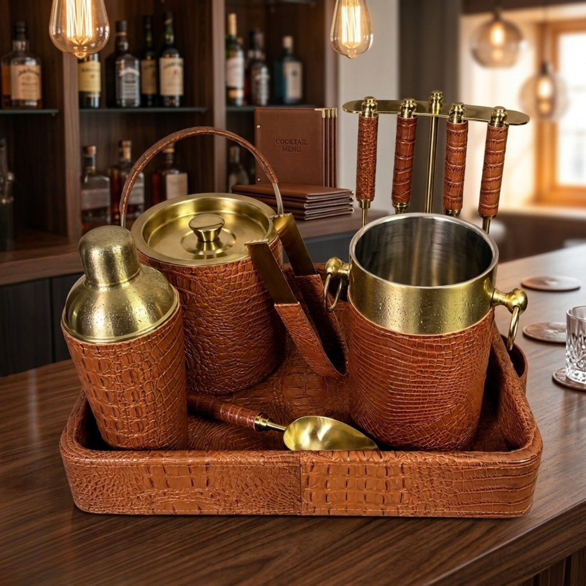 Croco Leather Complete Bar Set - Tan