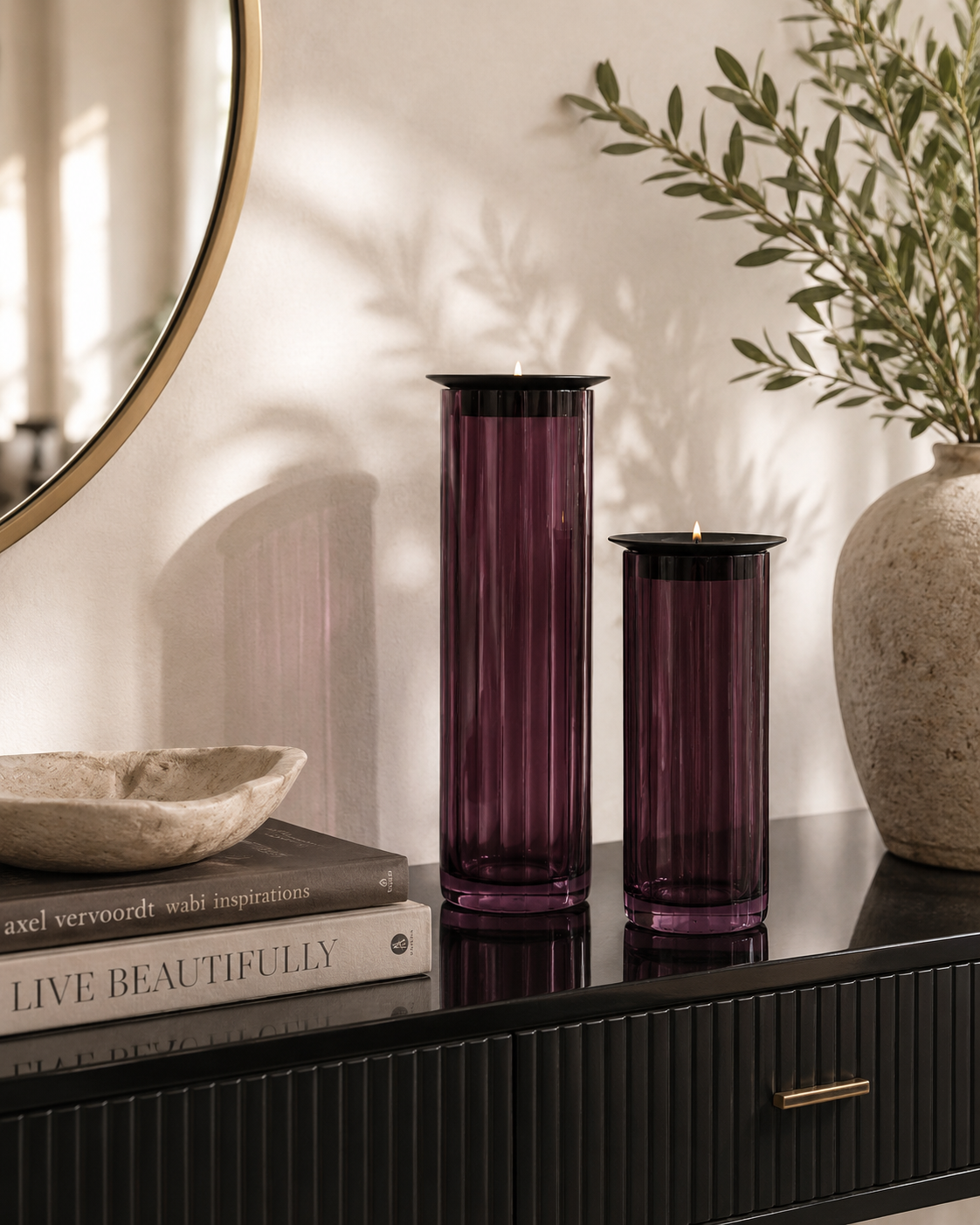Fluted Prism candle Stand Pair - Plum